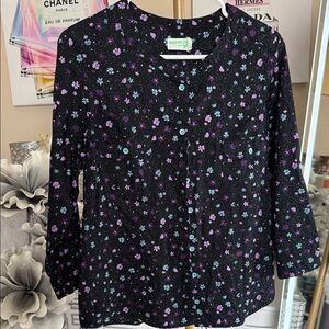 Selena Gomez Black and Purple Floral Button-Up Shirt